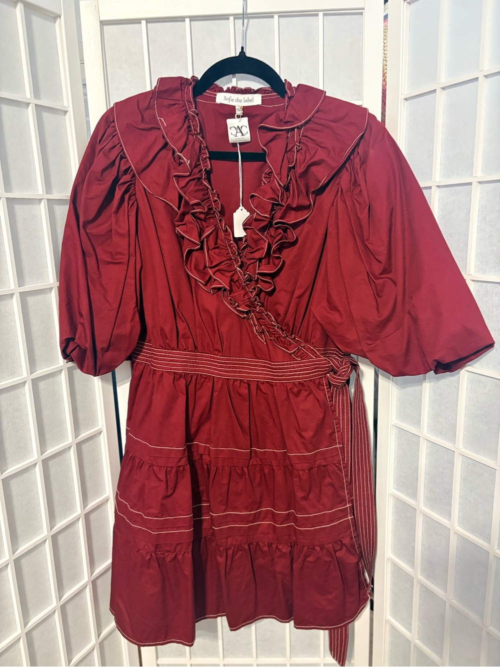 Softe the Label Wine Ruffle Wrap Mini Dress